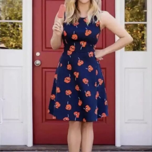 Draper James Women's 4 A-Line Navy Blue w/Orange Poppy Floral Sleeveless Dress - Picture 2 of 13